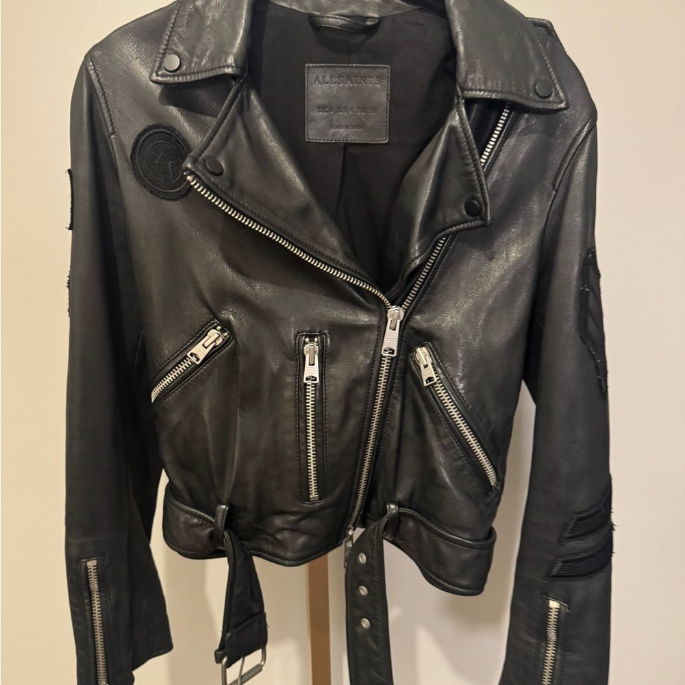 All Saints Charcoal Leather Jacket with Silver Zippers